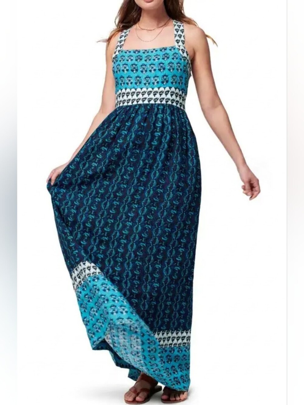 Faherty Blue Gracie Linen Patterned Strappy Maxi Dress Size M, NWOT